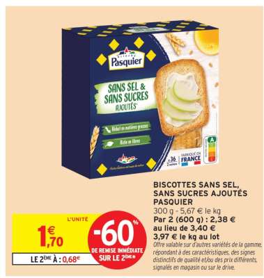 BISCOTTES SANS SEL, SANS SUCRES AJOUTÉS PASQUIER