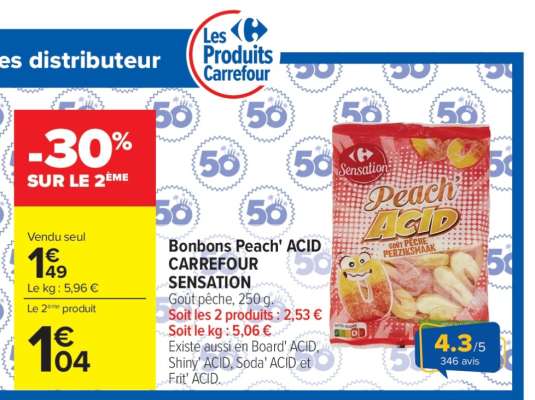 Bonbons Peach' ACID CARREFOUR SENSATION