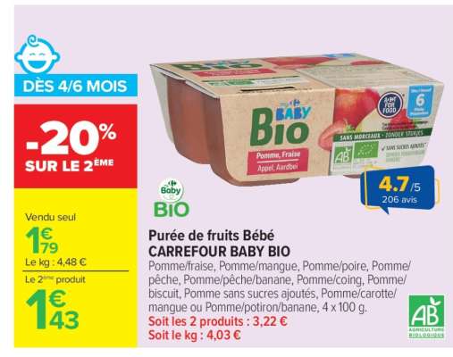 Purée de fruits Bébé CARREFOUR BABY BIO