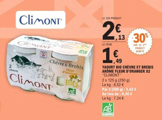 YAOURT BIO CHÈVRE ET BREBIS ARÔME FLEUR D'ORANGER X2 "CLIMONT"