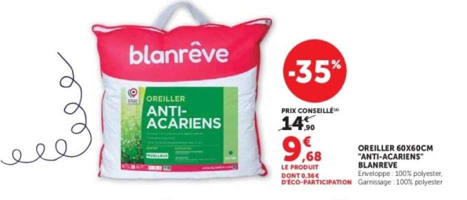 OREILLER 60X60CM "ANTI-ACARIENS" BLANRÊVE