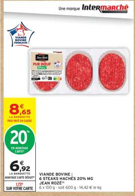 VIANDE BOVINE : 6 STEAKS HACHÉS 20% MG JEAN ROZÉ