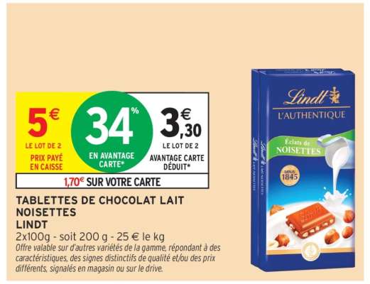 TABLETTES DE CHOCOLAT LAIT NOISETTES LINDT