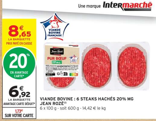 VIANDE BOVINE : 6 STEAKS HACHÉS 20% MG JEAN ROZÉ