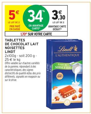 TABLETTES DE CHOCOLAT LAIT NOISETTES LINDT