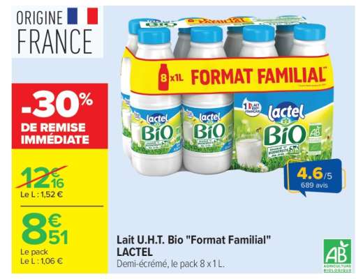 Lait U.H.T. Bio «Format familial» LACTEL