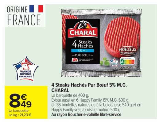 4 steaks hachés pur bœuf 5% M.G. CHARAL