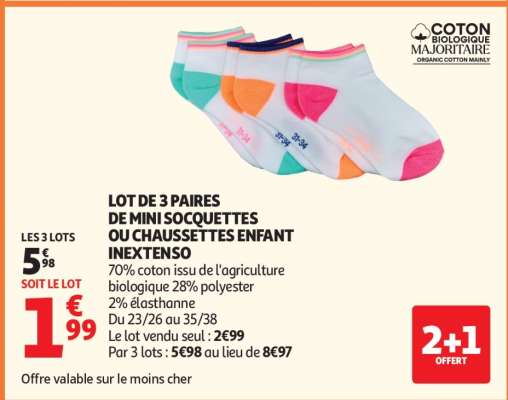 LOT DE 3 PAIRES DE MINI SOCQUETTES OU CHAUSSETTES ENFANT INEXTENSO