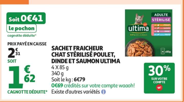 SACHET FRAICHEUR CHAT STÉRILISÉ POULET, DINDE ET SAUMON ULTIMA