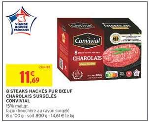 8 STEAKS HACHÉS PUR BŒUF CHAROLAIS SURGELÉS CONVIVIAL