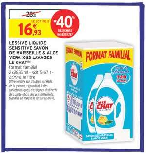 LESSIVE LIQUIDE SENSITIVE SAVON DE MARSEILLE & ALOE VERA X63 LAVAGES LE CHAT