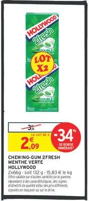 CHEWING GUM 2FRESH MENTHE VERTE HOLLYWOOD