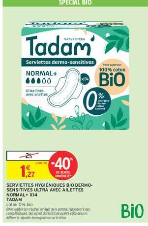 Serviettes Hygiéniques Bio Dermo-Sensitives Ultra avec Ailettes Normal+ x14