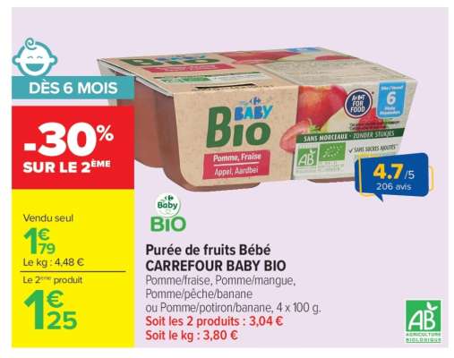 Purée de fruits Bébé CARREFOUR BABY BIO