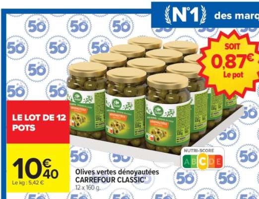 Olives vertes dénoyautées CARREFOUR CLASSIC'