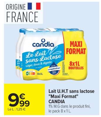 Lait U.H.T sans lactose "Maxi Format" CANDIA