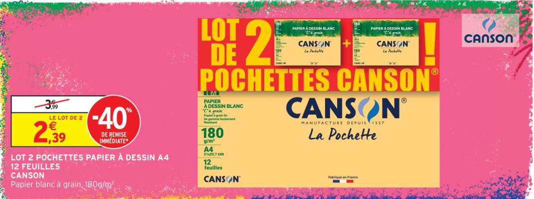 LOT DE 2 POCHETTES PAPIER À DESSIN A4 12 FEUILLES CANSON