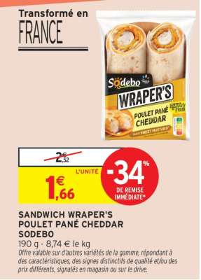SANDWICH WRAPER'S POULET PANÉ CHEDDAR SODEBO