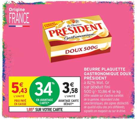 BEURRE PLAQUETTE GASTRONOMIQUE DOUX PRÉSIDENT
