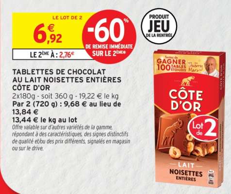 TABLETTES DE CHOCOLAT AU LAIT NOISETTES ENTIÈRES CÔTE D'OR