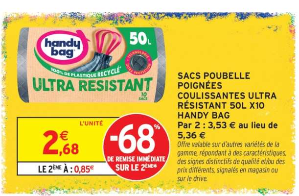 SACS POUBELLE POIGNÉES COULISSANTES ULTRA RÉSISTANT 50L X10 HANDY BAG