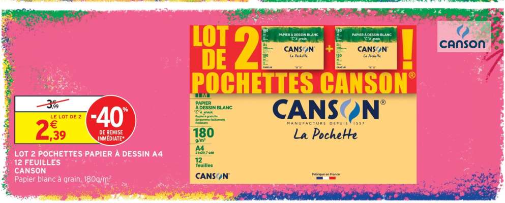 Lot 2 pochettes papier à dessin A4 12 feuilles Canson