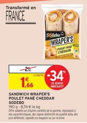 SANDWICH WRAPER'S POULET PANÉ CHEDDAR SODEBO