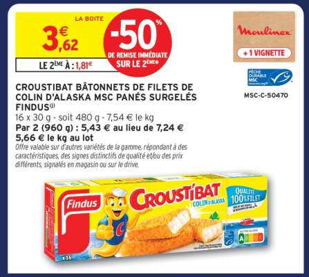 Croustibat Bâtonnets de Filets de Colin d'Alaska MSC Panés Surgelés Findus