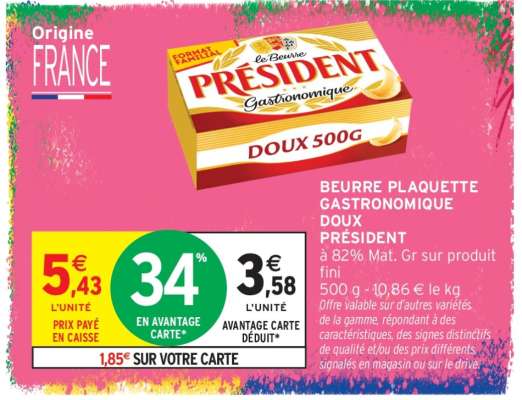 BEURRE PLAQUETTE GASTRONOMIQUE DOUX PRÉSIDENT