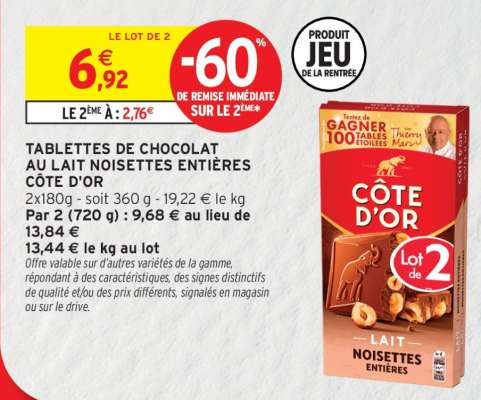 TABLETTES DE CHOCOLAT AU LAIT NOISETTES ENTIÈRES CÔTE D'OR