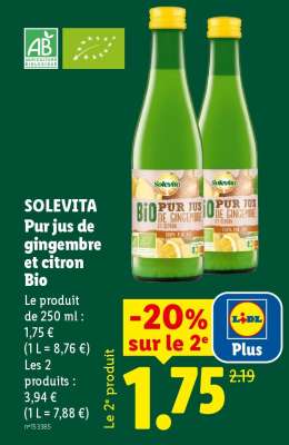 SOLEVITA Pur jus de gingembre et citron Bio