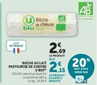 Bûche au lait pasteurisé de chèvre U Bio
