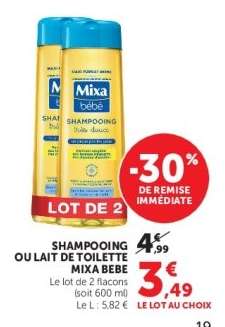 SHAMPOOING OU LAIT DE TOILETTE MIXA BEBE
