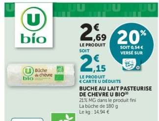 Bûche au lait pasteurisé de chèvre U Bio