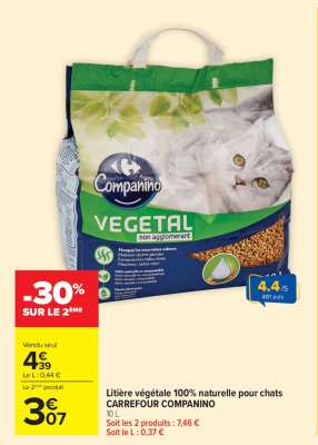 Litière végétale 100% naturelle pour chats CARREFOUR COMPANINO
