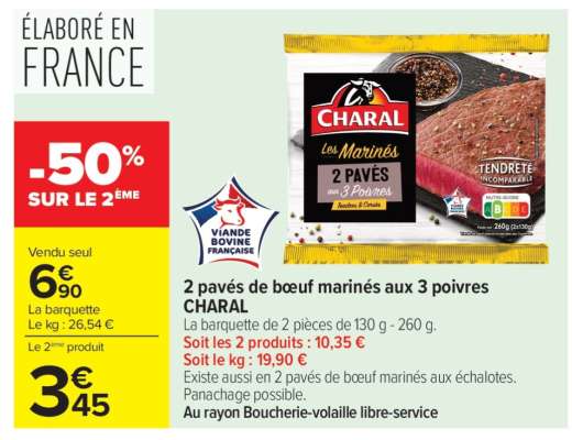 2 pavés de bœuf marinés aux 3 poivres CHARAL