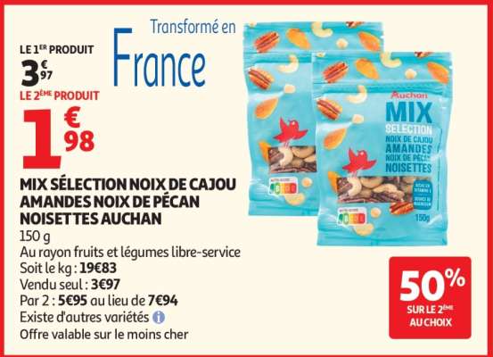 MIX SÉLECTION NOIX DE CAJOU AMANDES NOIX DE PÉCAN NOISETTES AUCHAN