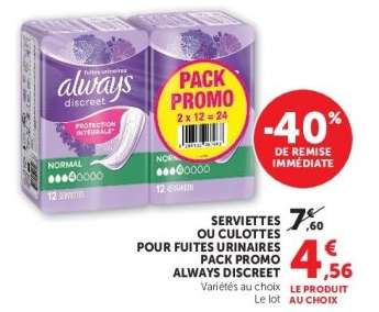 SERVIETTES OU CULOTTES POUR FUITE URINAIRES PACK PROMO ALWAYS DISCREET