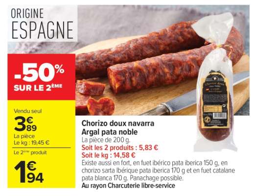 Chorizo doux navarra Argal pata noble
