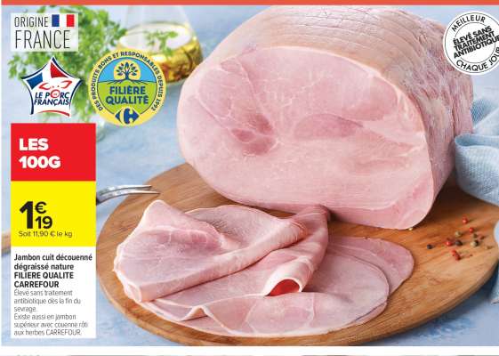 Jambon cuit découenné dégraissé nature FILIERE QUALITE CARREFOUR