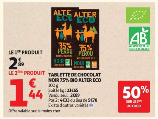 TABLETTE DE CHOCOLAT NOIR 75% BIO ALTER ECO