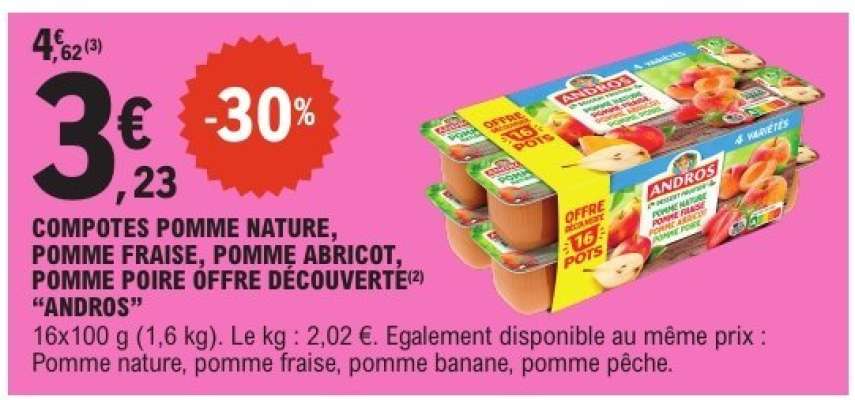 COMPOTES POMME NATURE, POMME FRAISE, POMME ABRICOT, POMME POIRE OFFRE DÉCOUVERTE "ANDROS"