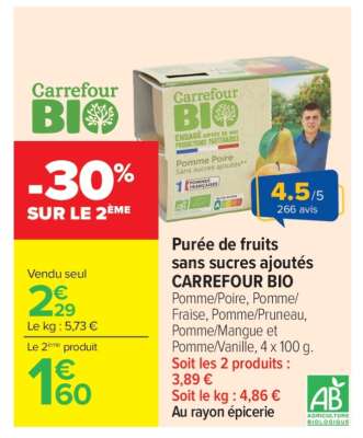 Purée de fruits sans sucres ajoutés CARREFOUR BIO