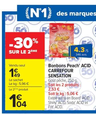 Bonbons Peach' ACID CARREFOUR SENSATION