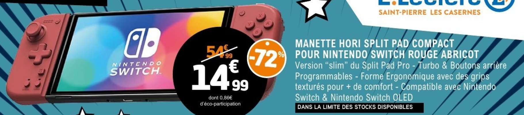 MANETTE HORI SPLIT PAD COMPACT POUR NINTENDO SWITCH ROUGE ABRICOT