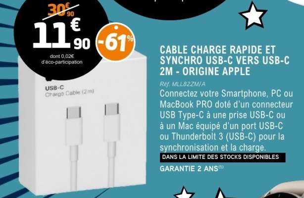 CABLE CHARGE RAPIDE ET SYNCHRO USB-C VERS USB-C 2M - ORIGINE APPLE