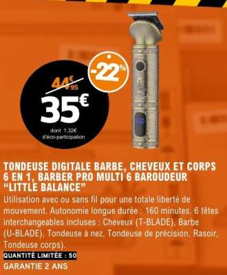 TONDEUSE DIGITALE BARBE, CHEVEUX ET CORPS 6 EN 1, BARBER PRO MULTI 6 BAROUDEUR “LITTLE BALANCE”