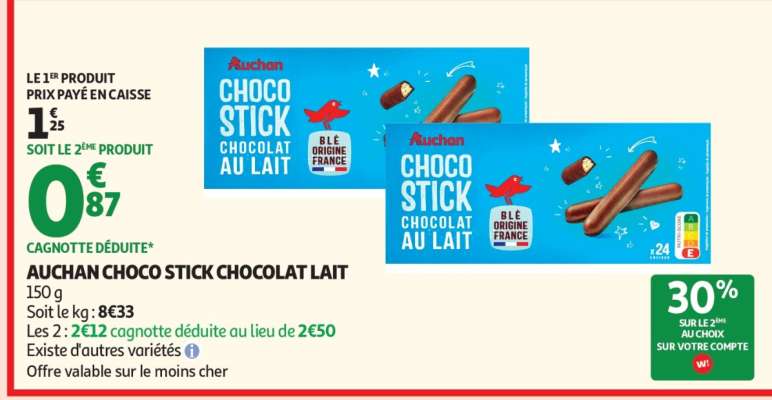 AUCHAN CHOCO STICK CHOCOLAT LAIT