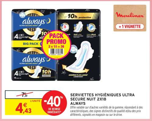 SERVIETTES HYGIÉNIQUES ULTRA SECURE NUIT 2X18 ALWAYS