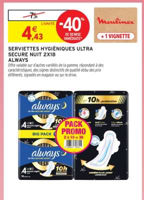 SERVIETTES HYGIÉNIQUES ULTRA SECURE NUIT 2X18 ALWAYS